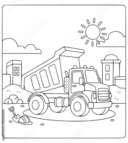 Construction coloring page for kids with a dumper truck and urban buildings