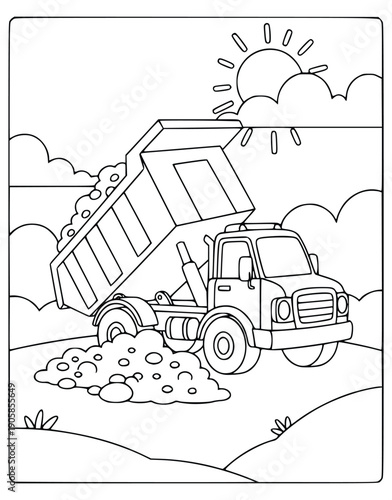 Construction coloring page for kids with a dumper truck and a pile of dirt