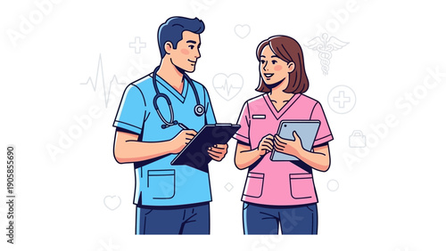 Healthcare Team Collaboration: Two dedicated medical professionals, a nurse and a doctor, share a moment of collaboration. Their focused gaze, the charts in their hands.