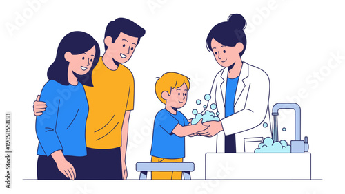 Family Health Education: A friendly doctor guides a young child in the proper handwashing technique while the parents look on, underscoring the importance of hygiene and family well-being. 
