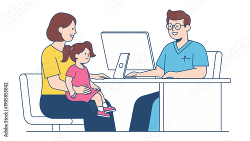 Pediatric Consultation: A mother and her child engage in a consultation with a pediatrician, fostering a scene of care and support. 
