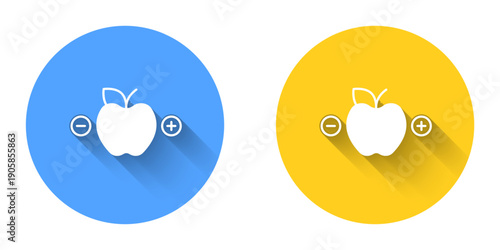 White Calorie calculator icon isolated on isolated with long shadow background. Calorie count. Diet. Weight loss. Portion control. Healthy eating. Dietary nutrition. Circle button. Vector