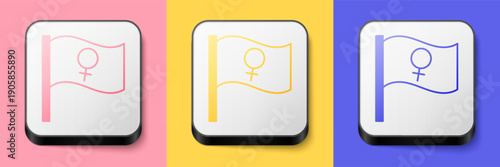 Isometric Female movement, feminist activist with banner and placards icon isolated on pink, yellow and blue background. Feminist rights movement, feminism sisterhood. Square button. Vector