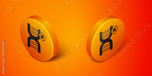 Isometric No GMO icon isolated on orange background. Genetically modified organism acronym. Dna food modification. Orange circle button. Vector