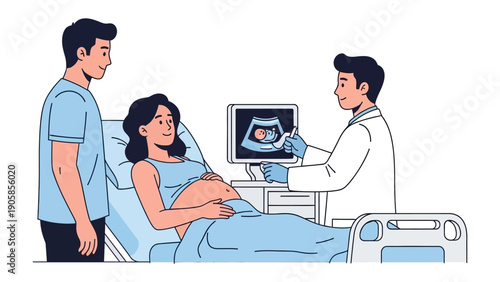 Expecting with Anticipation: A pregnant person receives an ultrasound scan with their partner, guided by a caring physician, symbolizing the anticipation and hope of a new beginning.