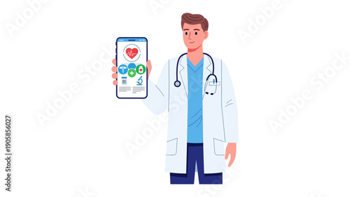 Healthcare innovation: A doctor proudly displays a smartphone with health app, showcasing the integration of technology and medicine, and embracing the future of wellness.
