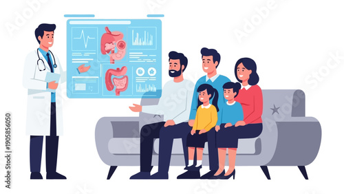 Medical Consultation: A dedicated doctor engages in a thorough discussion with a family, offering insights into medical diagnosis presented on a digital display.  