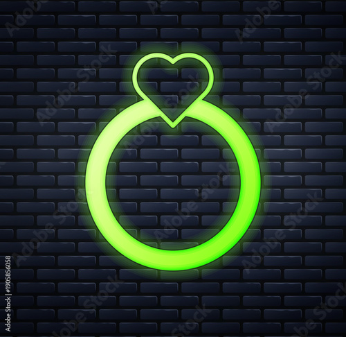 Glowing neon Diamond engagement ring icon isolated on brick wall background. Vector