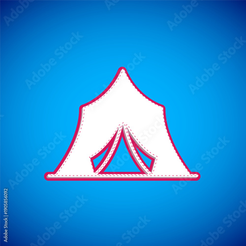 White Circus tent icon isolated on blue background. Carnival camping tent. Amusement park. Vector