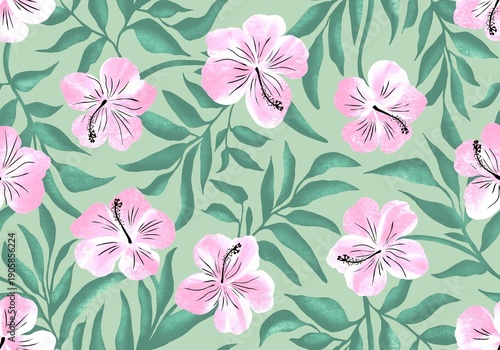Watercolor Hibiscus Seamless Pattern, Tropical Pink Flowers on Mint Background
