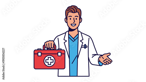 Medical Professional Ready to Assist: A friendly and approachable medical professional stands ready, holding a medical bag, offering help and reassurance in a moment of need. 