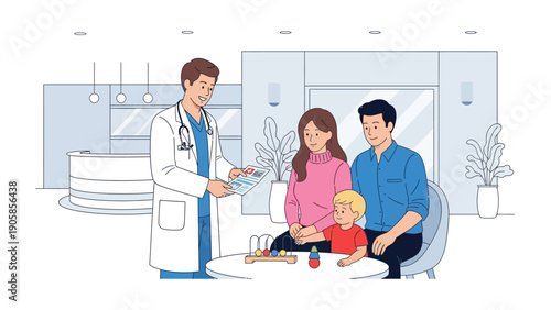 Doctor's Consultation: A doctor is having a medical examination with a family. The doctor holds a clipboard and gives the family some advice.