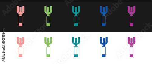 Set Garden pitchfork icon isolated on black and white background. Garden fork sign. Tool for horticulture, agriculture, farming. Vector