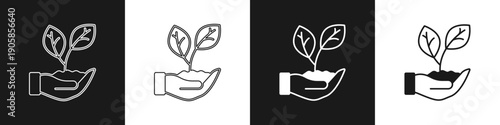 Set Hand hold a leaf of the plant icon isolated on black and white background. Care nature. Leaf shoots with environmental protection. Vector