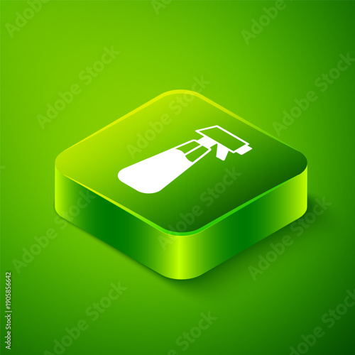 Isometric Garden sprayer for water, fertilizer, chemicals icon isolated on green background. Green square button. Vector