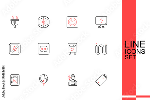 Set line Battery charge, Electrician, Global planet with thunderbolt, Electrical panel, cable, meter, outlet and No lightning icon. Vector