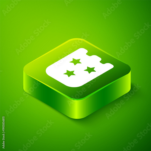 Isometric Lottery ticket icon isolated on green background. Bingo, lotto, cash prizes. Financial success, prosperity, victory, winnings luck. Green square button. Vector