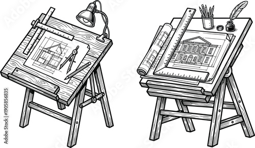 Vintage architect drafting table with blueprints and architectural tools including compass ruler and lamp