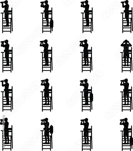 Professional Lifeguard on High Chair Watchtower Silhouette Icons for Water Safety