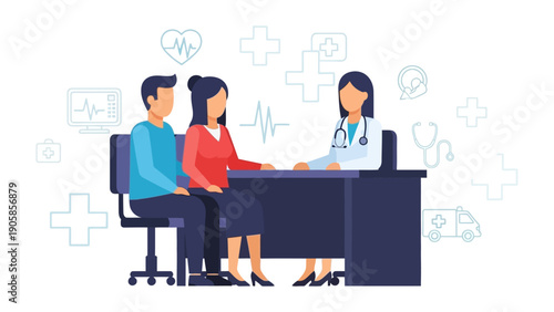 Consultation: A couple seeks advice and support from a healthcare professional, represented by a calm and competent doctor in a welcoming environment. The image is an illustration.