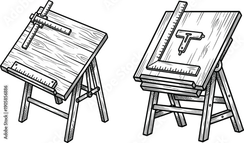 Architectural tools on a wooden drafting table featuring a ruler t-square and a compass for precise drawings