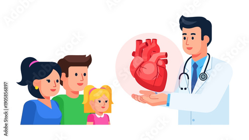 Heart Health Awareness: A family listens attentively as a doctor explains the intricacies of a healthy heart, symbolizing the importance of proactive healthcare.
