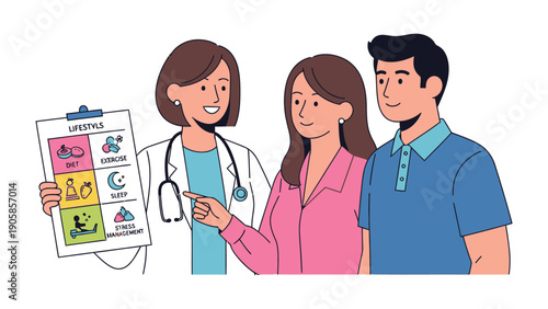 Healthcare consultation: A friendly female doctor explains healthy lifestyle choices to a couple, highlighting the importance of well-being.