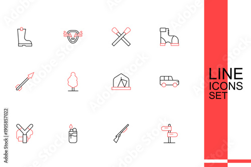 Set line Road traffic sign, Hunting gun, Lighter, Slingshot, Safari car, Tourist tent, Tree and Medieval arrow icon. Vector