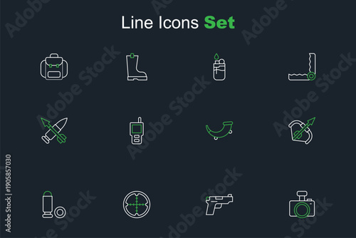 Set line Photo camera, Pistol or gun, Sniper optical sight, Bullet, Medieval bow and arrow, Hunting horn, Walkie talkie and Crossed bullet with icon. Vector