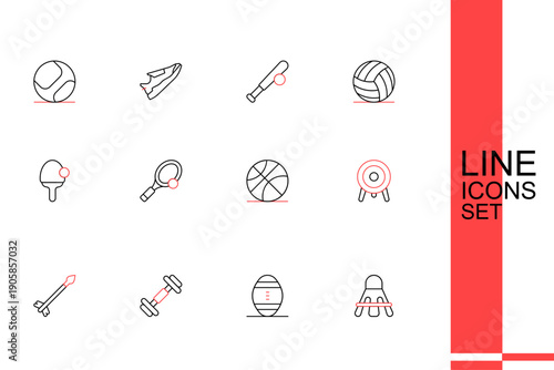 Set line Badminton shuttlecock, American Football ball, Dumbbell, Medieval arrows, Target sport, Basketball, Tennis racket with and Racket icon. Vector