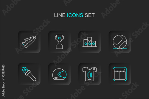 Set line Sport mechanical scoreboard, Football jersey and t-shirt, Racing helmet, Torch flame, Baseball, Award over sports winner podium, cup and Fitness sneakers shoes icon. Vector