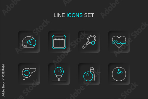 Set line Bowling ball, pin and, Golf on tee, Whistle, Heart rate, Tennis racket with, Sport mechanical scoreboard and Racing helmet icon. Vector