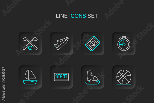 Set line Basketball ball, Skates, Ribbon in finishing line, Yacht sailboat, Stopwatch, Football field, Fitness sneakers shoes and Ice hockey sticks and puck icon. Vector