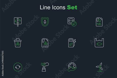 Set line Wind turbine, Hand holding Earth globe, CO2 emissions cloud, Recycle symbol, Shopping bag with recycle, Petrol or gas station, Radioactive waste barrel and Infectious icon. Vector