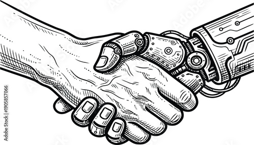 Human and robot hands shaking symbolizing technological advancement and human-machine cooperation