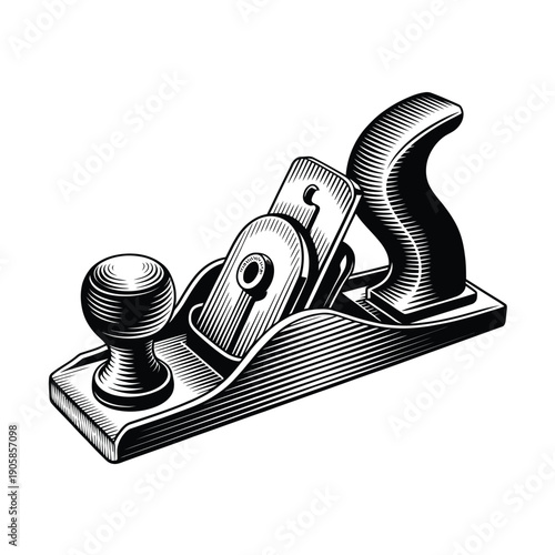 Vintage hand plane illustration detailed engraving style with monochrome shading