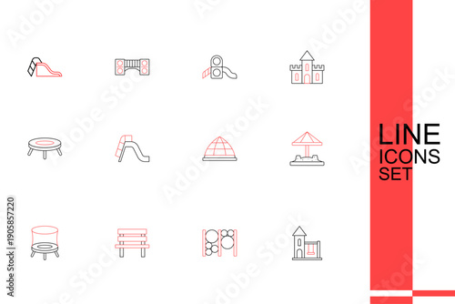 Set line Swing for kids, Playground climbing equipment, Bench, Jumping trampoline, Sandbox with sand, Slide playground and icon. Vector