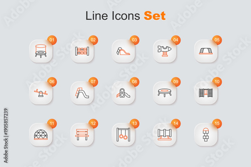 Set line Hopscotch, Kid playground slide pipe, Gymnastic rings, Bench, Playground climbing equipment, Swedish wall, Jumping trampoline and Slide icon. Vector