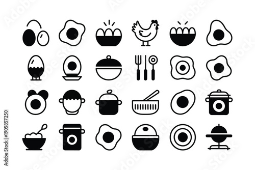 Egg icon set including various cooking methods and utensils
