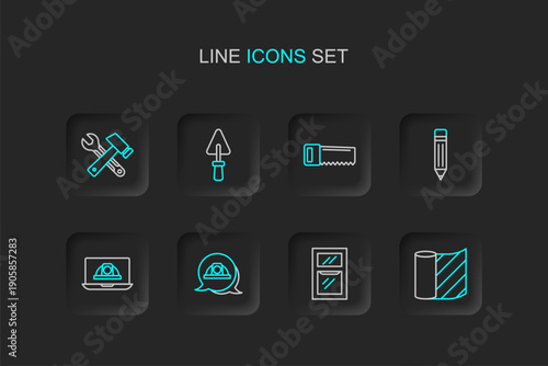 Set line Wallpaper, Hammer and wrench spanner, Worker safety helmet, Pencil with eraser, Hand saw, Trowel and Window in room icon. Vector