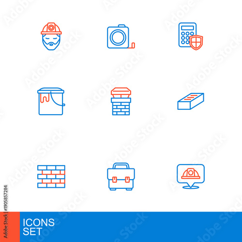 Set line Worker safety helmet, Toolbox, Bricks, Paint bucket, Chimney, Security keypad access panel and Roulette construction icon. Vector