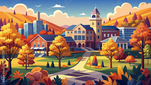 Very beautiful autumn view of Pennsylvania State University campus, where sunlight highlights colorful trees and academic buildings, creating a welcoming atmosphere for learning and student life.