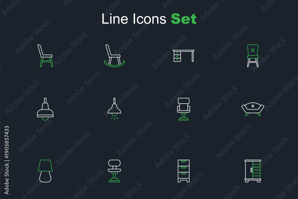 Naklejka premium Set line Wardrobe, Chest of drawers, Office chair, Table lamp, Sofa, Lamp hanging and icon. Vector
