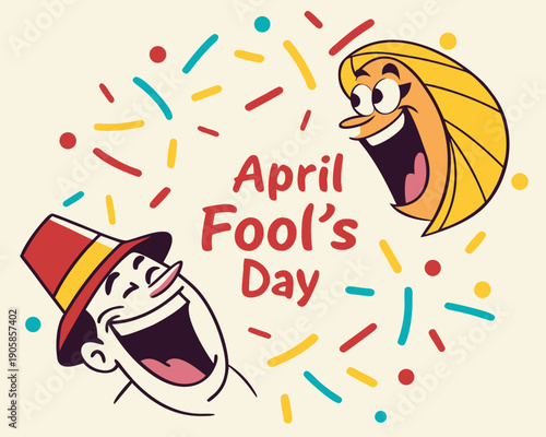 April Fools Day celebration with laughing cartoon characters and colorful confetti