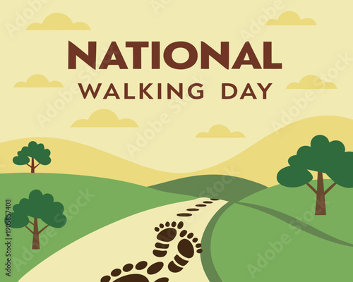 National Walking Day illustration with footprints on a winding path through green hills and trees under a cloudy sky