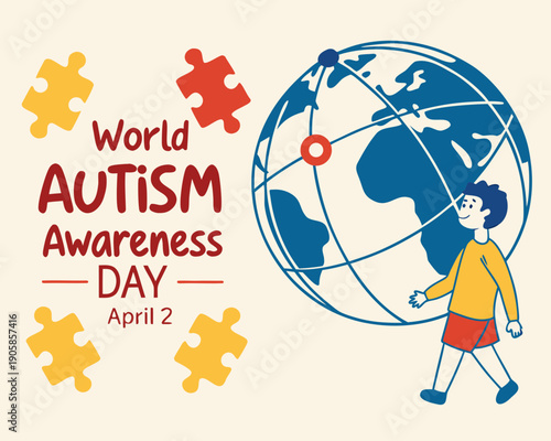 World Autism Awareness Day April 2 illustration with globe and boy