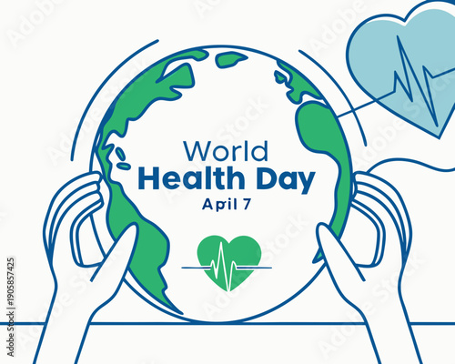 World Health Day awareness graphic with hands holding the Earth and a heart with an EKG line