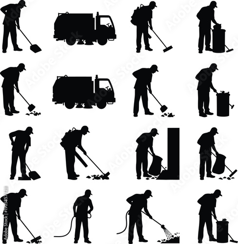 Professional Street Sweeper and Sanitation Worker Silhouette Icons for Urban Services