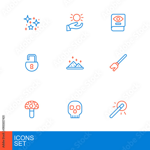 Set line Magic wand, Skull, Psilocybin mushroom, Witches broom, Open padlock, powder, Ancient magic book and Ball levitating above hand icon. Vector