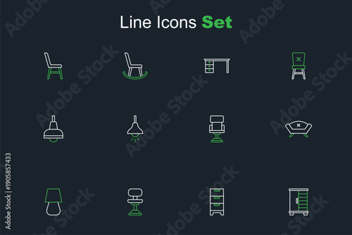 Set line Wardrobe, Chest of drawers, Office chair, Table lamp, Sofa, Lamp hanging and icon. Vector
